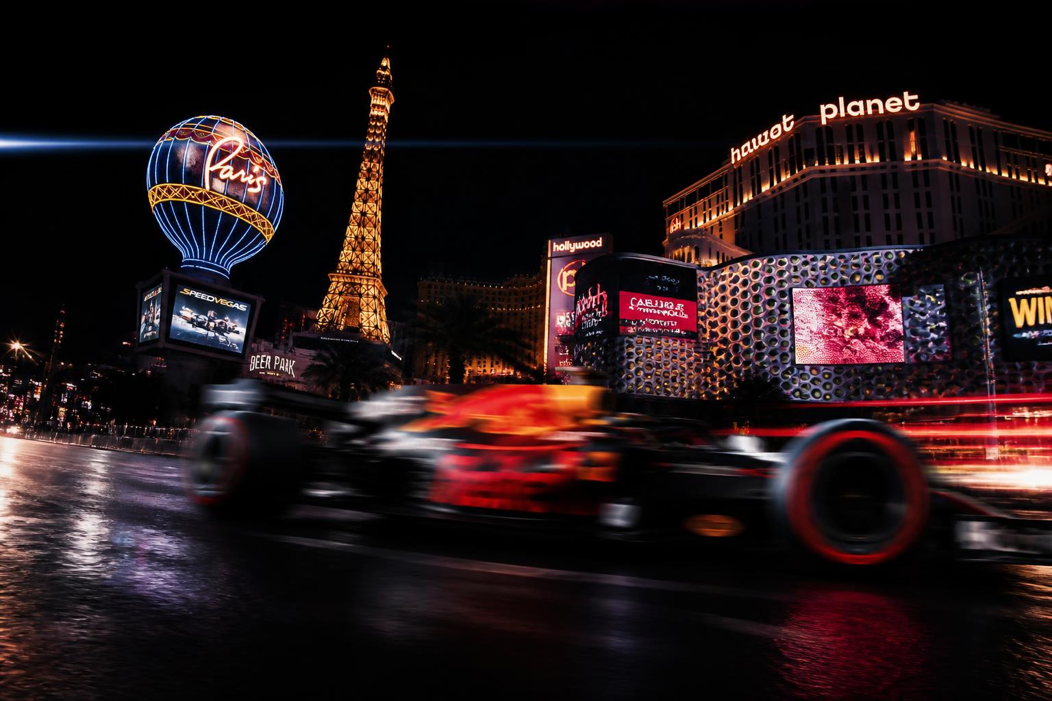 Fórmula 1 cruzando el Strip de Las Vegas de noche